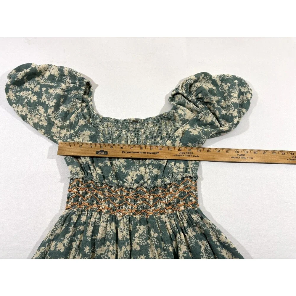 Free People Ellie Boho Green Floral Puff Sleeve Smock Bodice Maxi Dress Sz S - Picture 8 of 15
